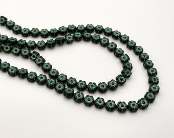 Metallic Emerald Green Wash on Jet Black Hawaii Flower Czech Pressed Glass Beads, Hibiscus Floral 6mm 50pcs CB6-23980-43813