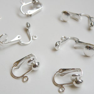 10 Silver Earring clip on 5mm half-ball earwire findings open loop silver plated nickel free brass unpierced earclips 15mm 1215FN