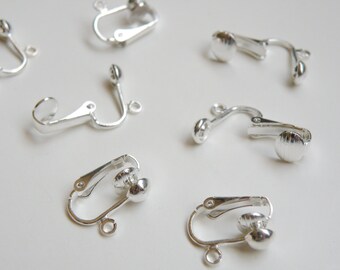 10 Silver Earring clip on 5mm half-ball earwire findings open loop silver plated nickel free brass unpierced earclips 15mm 1215FN