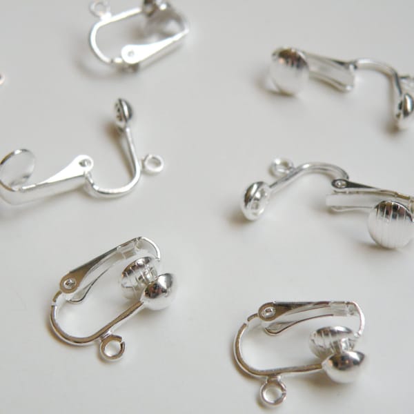10 Silver Earring clip on 5mm half-ball earwire findings open loop silver plated nickel free brass unpierced earclips 15mm 1215FN