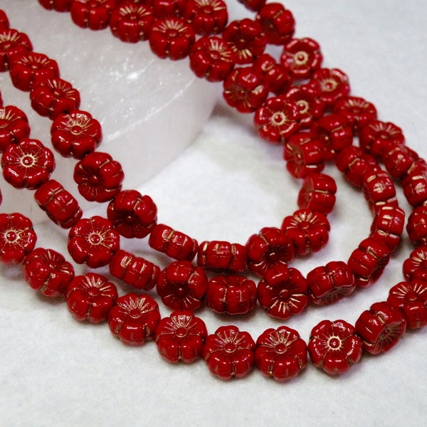 Czech Hawaii Flower Beads, Crimson Red with Golden Brown Wash, Pressed Glass Hibiscus Floral 9mm 25pcs CB9-93190-43805-M