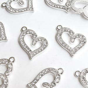 5 Heart rhinestone charms silver finish 22x16mm PRSB509 image 1