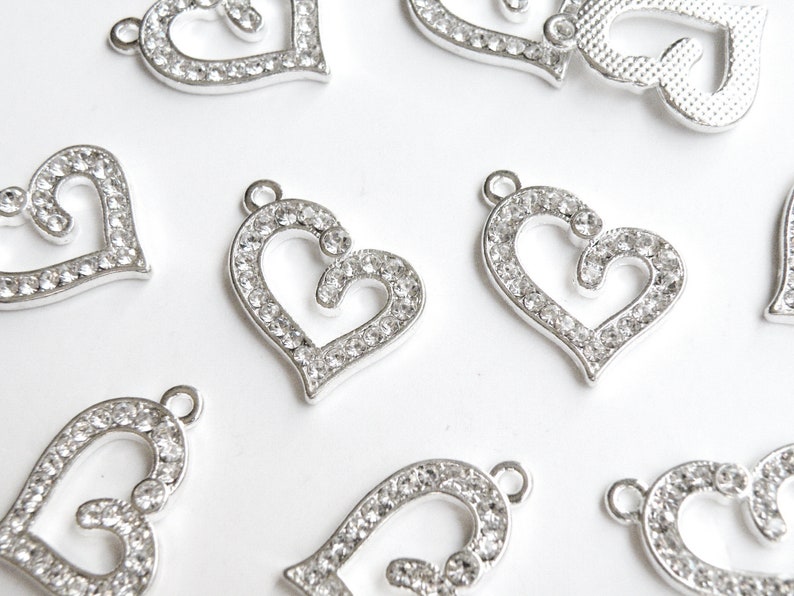 5 Heart rhinestone charms silver finish 22x16mm PRSB509 image 1