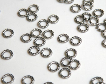 25 Fancy Twisted jump rings open round antique silver plated brass 6mm 16 gauge 7442FX