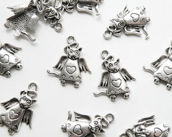 10 Cat Angel charms with wings halo and heart antique silver 26x22mm DB74979