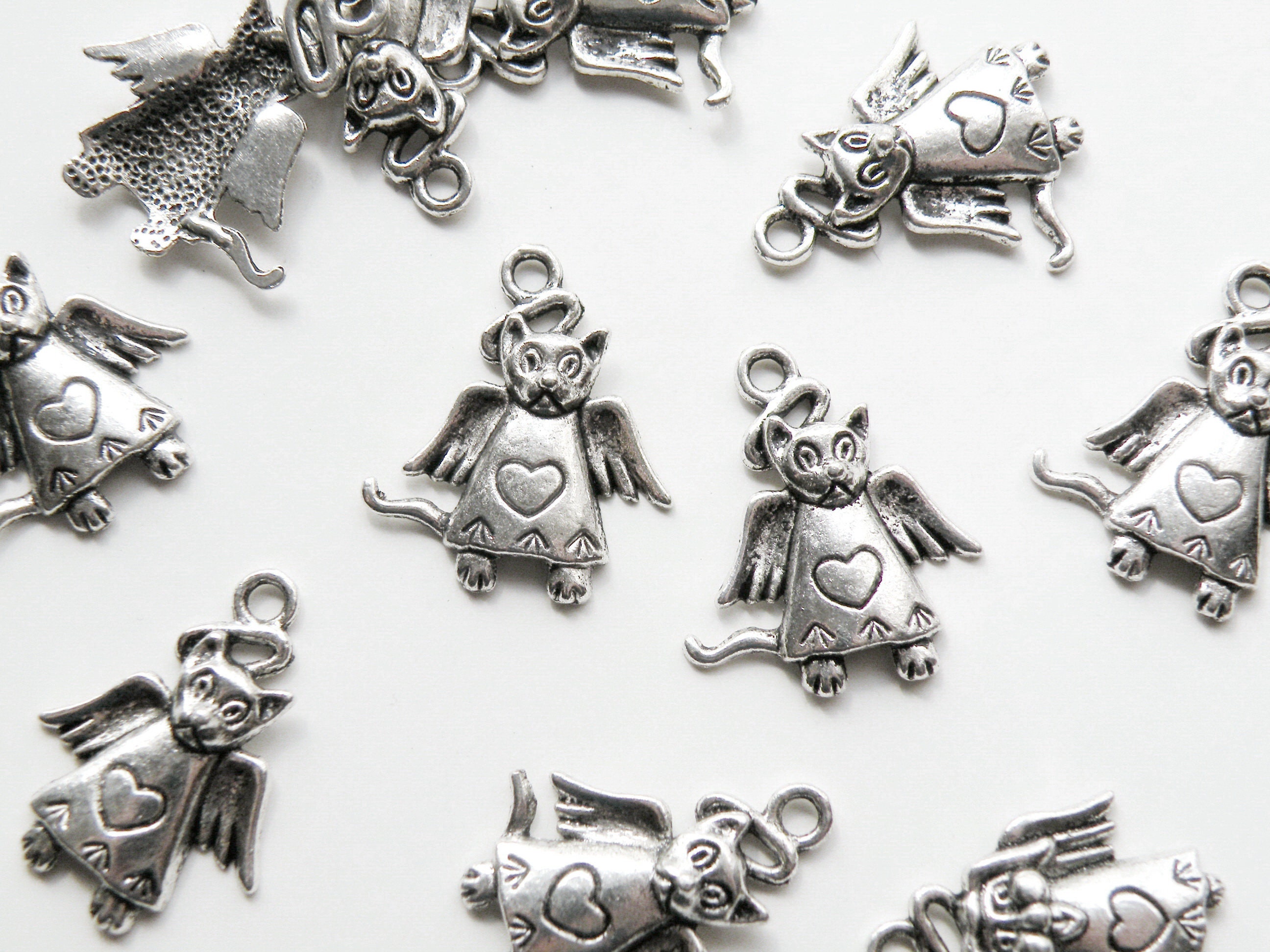 10 Cat Angel Charms With Wings Halo and Heart Antique Silver