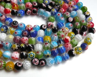 Multicolored Millefiori Flower Beads round ball 8mm full strand DB20630