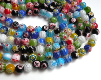 Multicolored Millefiori Flower Beads round ball 8mm full strand PJ038-8