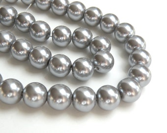 Pewter charcoal gray glass pearl beads round 12mm full strand 1989GL