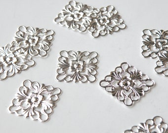 12 Flat scalloped square floral motif shiny silver nickel free brass connector link or focal piece 16x16mm 5132FY