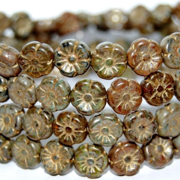 Earth Tones Golden Brown Wash, Hawaii Flower Czech Pressed Glass Beads, Stone Look Hibiscus Floral 9.5mm 25pcs CB10-54202M