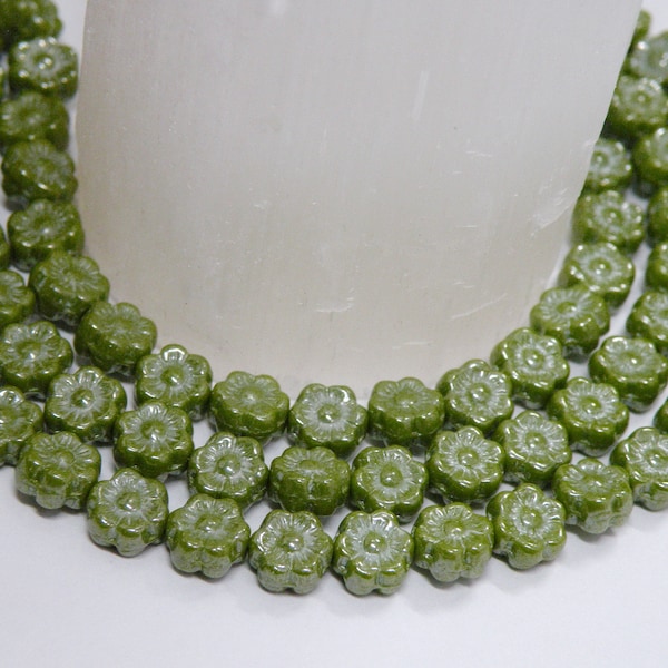 Avocado Green Silver Luster Wash Hawaii Flower Czech Pressed Glass Beads Hibiscus Floral Moss Olive Pickle 6mm 50pcs CB6-53400-14400