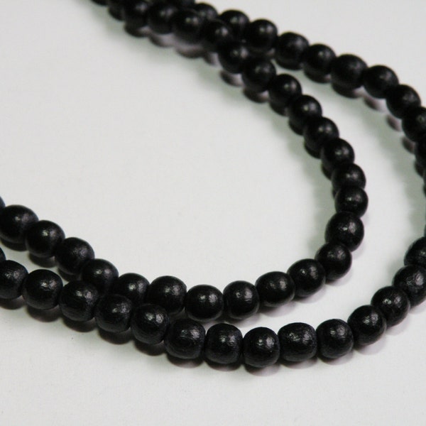 Jet Black wood beads round 5-6mm full strand eco-friendly Cheesewood 9436NB