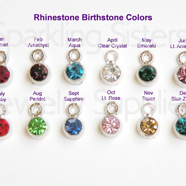 Set of 12 Tiny Birthstone Crystal Rhinestone Drops charms silver finish 8x5mm BMIX