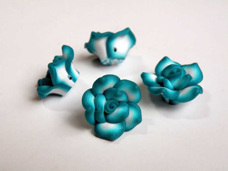 10 Teal Blue and White Rose Flower Polymer Clay Beads 20-24mm - Etsy