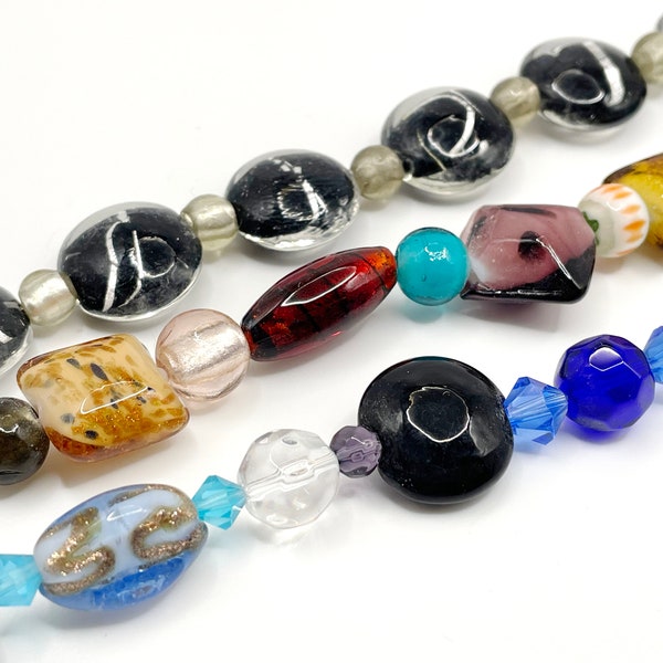 Lampwork and Pressed Glass Bead Assortment, Three 8 inch strands, Assorted Mix Multi-colored Beads (50 pcs) F4631CL