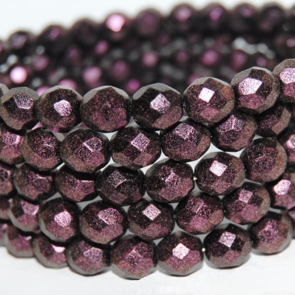 Eggplant Pearlized Metallic Deep Reddish Purple Czech Glass Beads, Fire Polished Chameleon Matte Finish 8mm 25pcs CB8-23980-94108