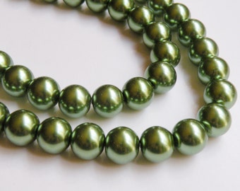 Olive green glass pearl beads round 14mm full strand 2037GL