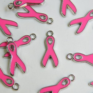10 Hot Pink Breast Cancer Awareness Ribbon enamel charms silver finish 20x9mm PEA546Y-M