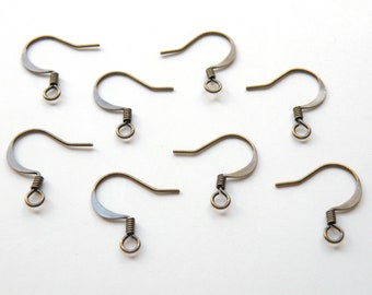 50 Flat French Hook Earrings antique bronze plated brass fishhook flattened earwires coil open loop 16mm 22 gauge A5205FN