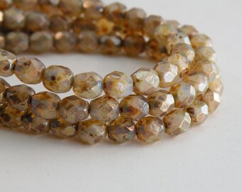 Opal Champagne beige Picasso finish fire polished Czech translucent faceted glass round beads 6mm half strand NFP6-156