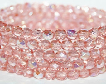 Peachy Pink AB Fire Polished Czech glass faceted round beads 6mm 25 pcs CB6-70110AB