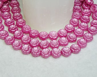 Hot Pink Pearlized Luster with Silver Wash Hawaii Flower Beads, Hibiscus Fuchsia Floral Czech Pressed Glass 9mm 25pcs CB9-25012