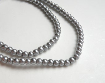 Pewter charcoal grey glass pearl beads round 4mm full strand 7736GB