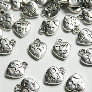 20 Love My Cat charms with heart antique silver 13x10mm PD082-AS