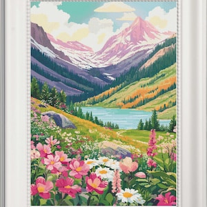 May include: A framed cross-stitch landscape featuring a mountain range with snow-capped peaks, a turquoise lake, and a vibrant foreground of pink and white flowers. The artwork is set against a backdrop of green and orange trees under a blue sky with fluffy clouds.