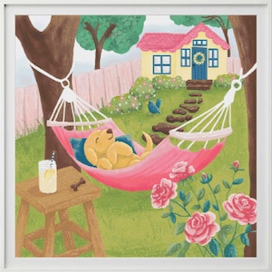 May include: A framed print of a cartoon scene featuring a yellow dog relaxing in a pink hammock. A small wooden table holds a glass of lemonade. A small house with a pink roof is in the background, along with a rose bush.