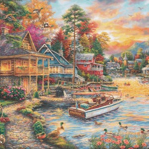 May include: A vibrant painting depicts a lakeside scene with colorful houses, trees, and a boat. The water reflects the sunset's hues, with ducks swimming. A bicycle rests near a stone path, enhancing the idyllic setting.