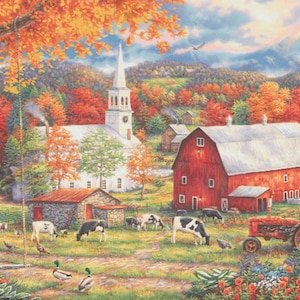 May include: A picturesque autumn landscape featuring a white church with a steeple, a red barn, and a tractor. Cows graze in a field with ducks and colorful foliage. A swing hangs from a tree, and a rainbow arches in the sky.