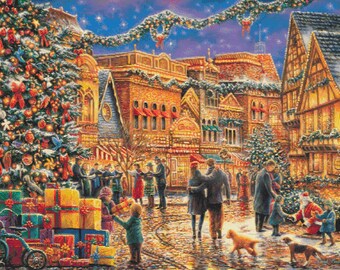 Christmas at Town Square (medium) getelde kruissteekpatroon (digitaal patroon) werkt in patroon Keeper Chuck Pinson-kruissteek