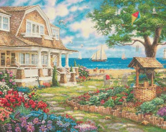 Sea Garden Cottage (gemiddeld) geteld kruissteekpatroon (digitaal patroon) werkt in patroon Keeper Chuck Pinson-kruissteek