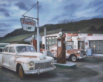 Vintage tankstation kruissteek, ouderwetse bedel (digitaal patroon voor patroonhouder). Oude charme