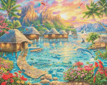 Tropical Oasis (medium) getelde kruissteekpatroon (digitaal patroon) werkt in patroon Keeper Chuck Pinson Cross Stitch