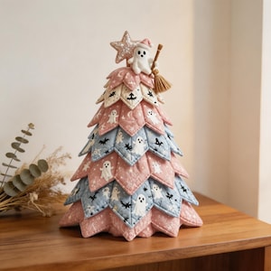 May include: A decorative fabric tree featuring layered, quilted triangular panels in alternating shades of dusty pink and light blue. The fabric is patterned with small white ghosts, black bats, and stars. A glittery star and a small ghost holding a broom top the tree.
