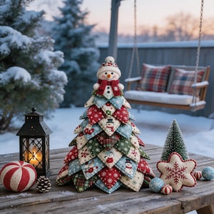 May include: A fabric Christmas tree decoration constructed from layered, triangular patches featuring red, green, and blue patterns of snowmen and snowflakes, topped with a small plush snowman wearing a knit hat and scarf.