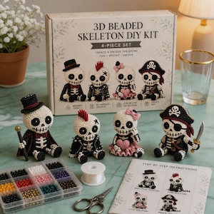 May include: A 3D beaded skeleton DIY kit 4-piece set including a box with illustrations of four skeletons, four finished beaded skeleton figures, a plastic bead organizer, a spool of white thread, a needle, scissors, and an instruction booklet.