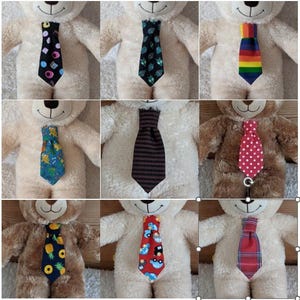 May include: Nine teddy bears wearing different patterned ties. The ties are made of fabric and feature various designs, including polka dots, stripes, and geometric patterns.