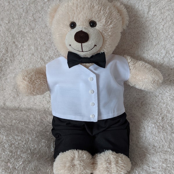 Handmade White cotton Waistcoat / Tuxedo with black trousers and matching Bowtie outfit to fit Build a bear size