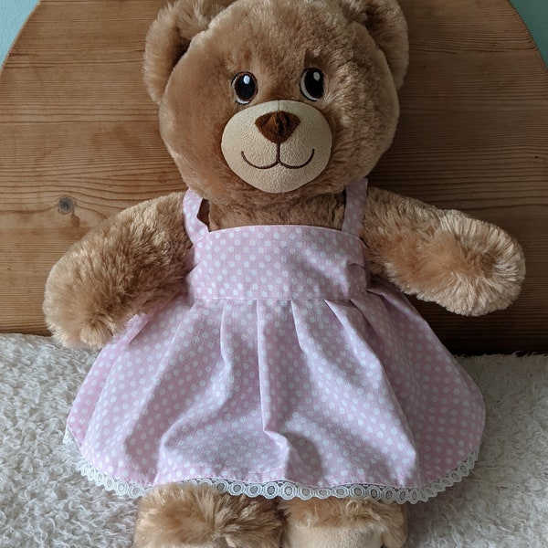 Handmade Pale Pink and white polka dot spotty print strappy Summer Dress with lace decoration for 15inch (Build a bear) size.