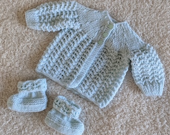 Handknitted Pale Blue/Teal Baby coat & bootees - Newborn size
