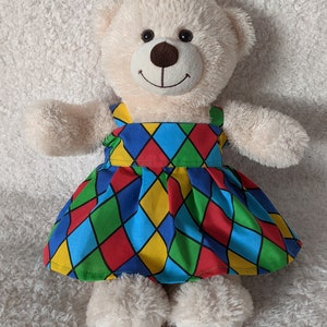 Handmade Red, Yellow, Green and Blue strappy Summer Dress with Harlequin diamond design for 15inch (Build a bear) size.