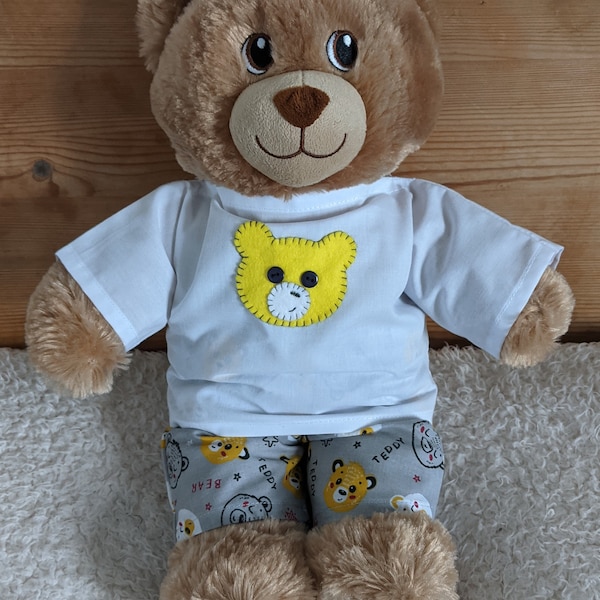 Handmade Cotton Pyjamas / Pajamas with bear print trousers and white top with felt bear detail outfit to fit Build a bear size