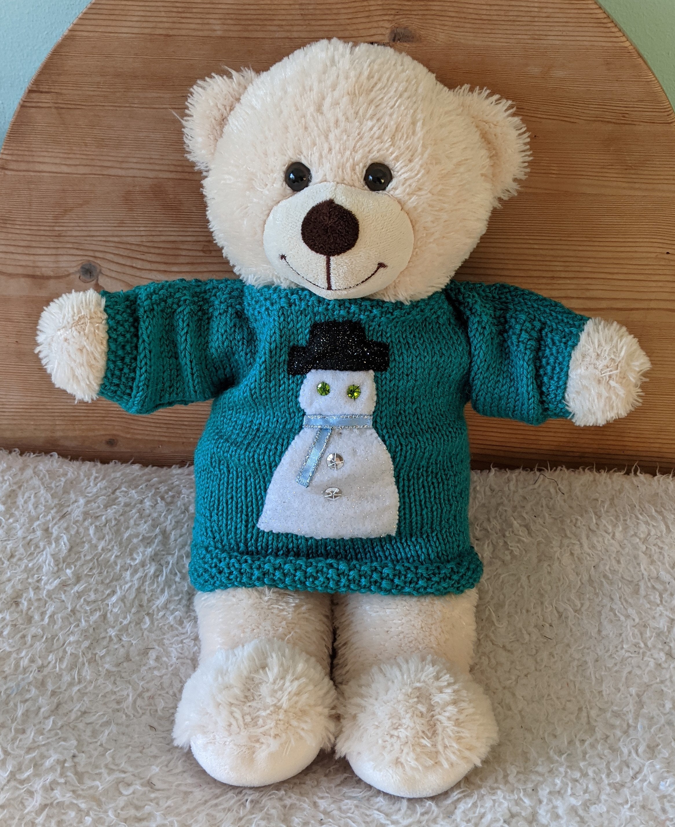 Handknitted green woollen jumper/sweater for Build a bear with felt  Christmas Snowman design and sequin / ribbon details