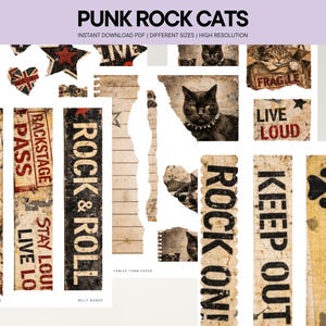 Puede incluir: Un collage de elementos de arte digital con temática de gatos punk rock. Incluye diseños de papel rasgado con texto como "Rock On!" y "Keep Out", retratos de gatos, estrellas y un corazón con la bandera británica. El texto "PUNK ROCK CATS" está en la parte superior.