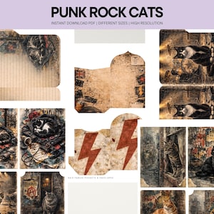May include: A collection of printable digital art featuring punk rock cats. The images include cats in various settings, with a grunge aesthetic. The text "PUNK ROCK CATS" is at the top. The images are available in different sizes and high resolution.