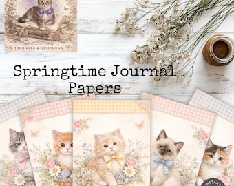 Páginas de diario para gatos de primavera / Kit de efímeros de cuadros vichy florales (descarga digital)